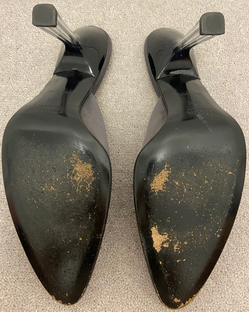 PRADA Women's Grey Satin Round Toe Perspex Stiletto Heel Mules Shoes 39.5 UK6.5