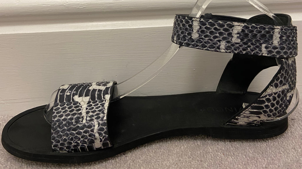 VINCE Black Cream Leather Animal Print Strappy Open Toe Flat Sandals Shoes UK6