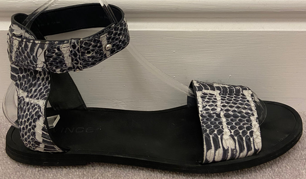 VINCE Black Cream Leather Animal Print Strappy Open Toe Flat Sandals Shoes UK6