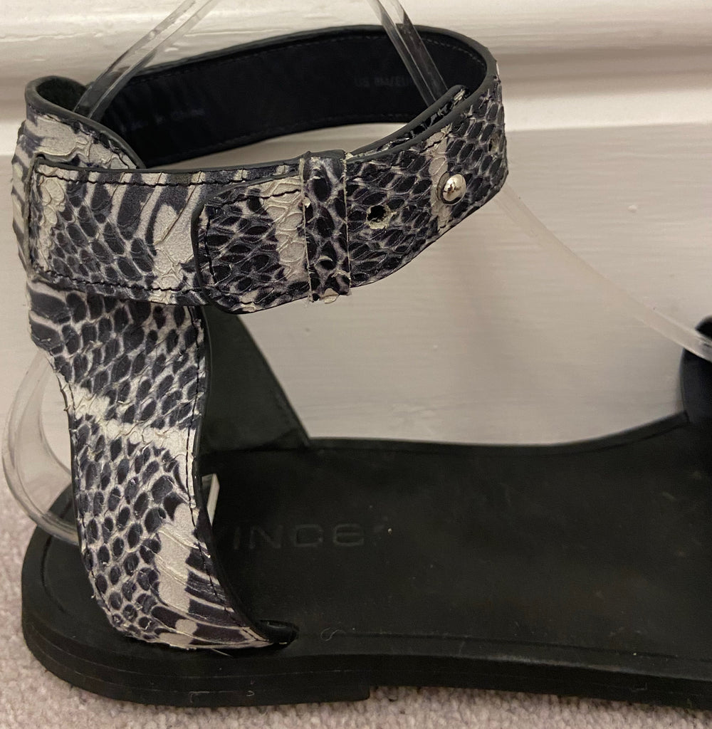 VINCE Black Cream Leather Animal Print Strappy Open Toe Flat Sandals Shoes UK6