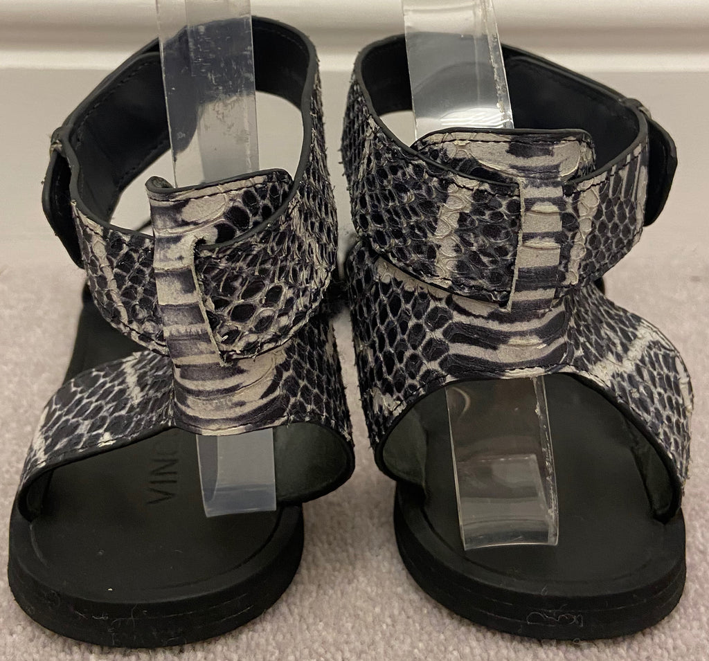 VINCE Black Cream Leather Animal Print Strappy Open Toe Flat Sandals Shoes UK6