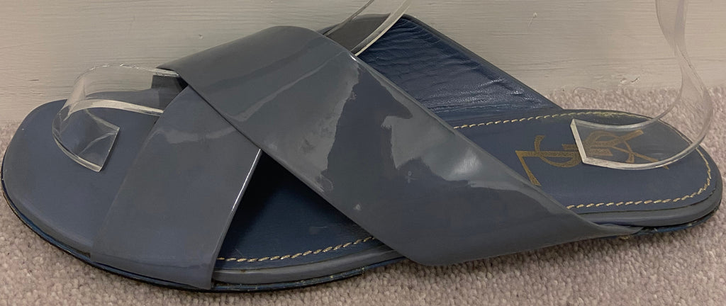 YSL YVES SAINT LAURENT Blue/Grey Leather Patent Strappy Flat Sandals Shoes UK6