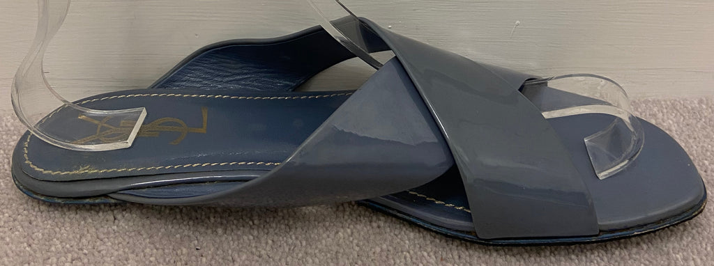 YSL YVES SAINT LAURENT Blue/Grey Leather Patent Strappy Flat Sandals Shoes UK6