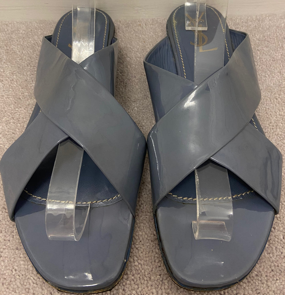 YSL YVES SAINT LAURENT Blue/Grey Leather Patent Strappy Flat Sandals Shoes UK6