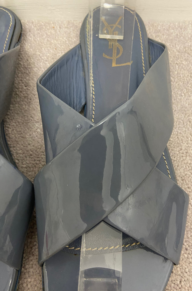 YSL YVES SAINT LAURENT Blue/Grey Leather Patent Strappy Flat Sandals Shoes UK6