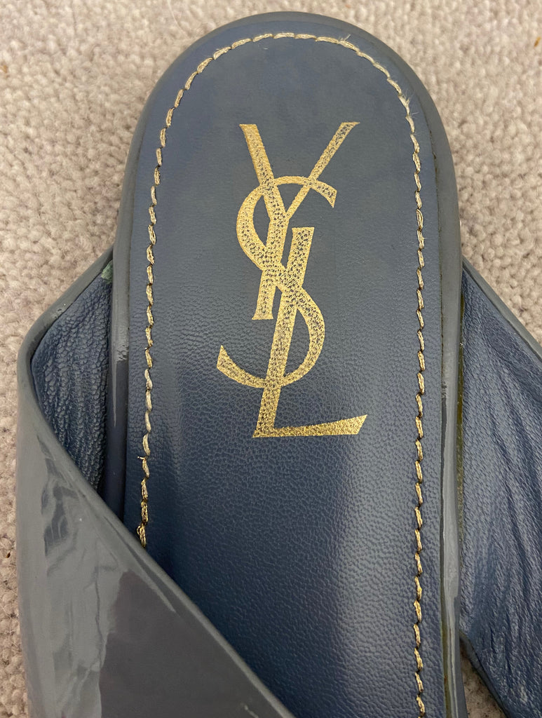 YSL YVES SAINT LAURENT Blue/Grey Leather Patent Strappy Flat Sandals Shoes UK6