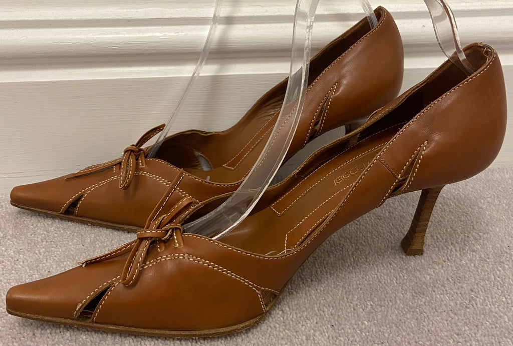 SERGIO ROSSI Tan Leather Pointed Toe High Wooden Stiletto Heel Shoes EU39 UK6