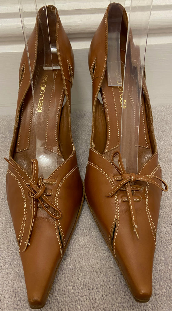 SERGIO ROSSI Tan Leather Pointed Toe High Wooden Stiletto Heel Shoes EU39 UK6