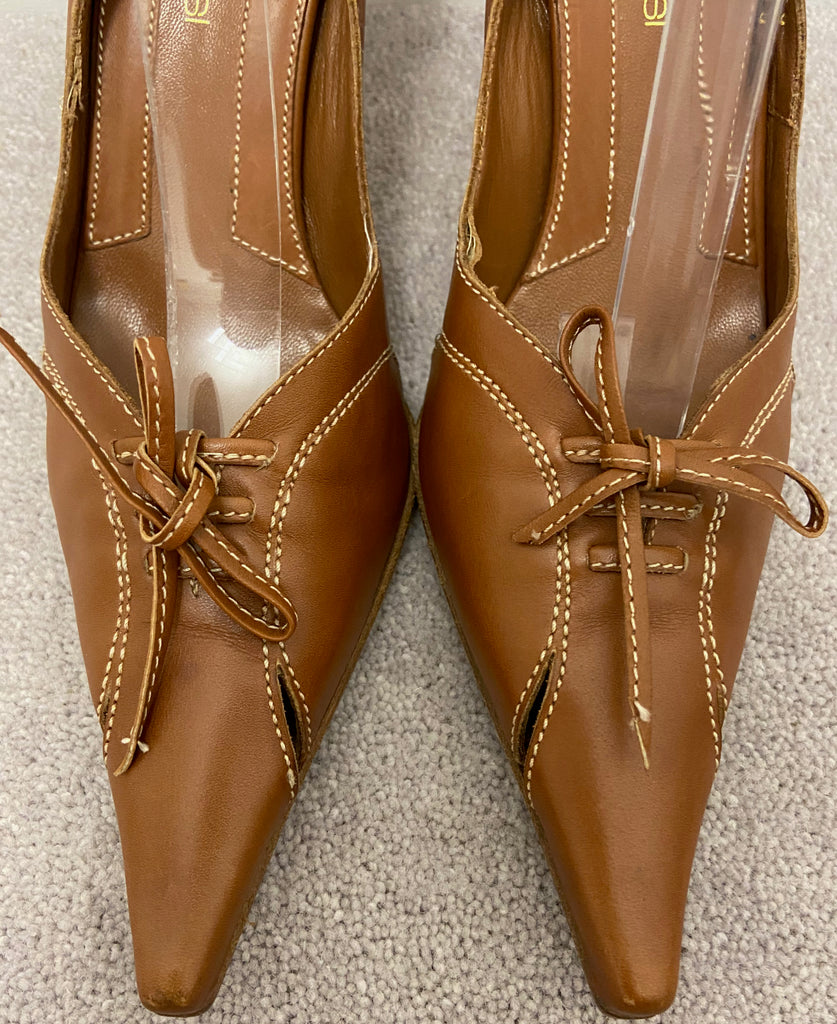 SERGIO ROSSI Tan Leather Pointed Toe High Wooden Stiletto Heel Shoes EU39 UK6