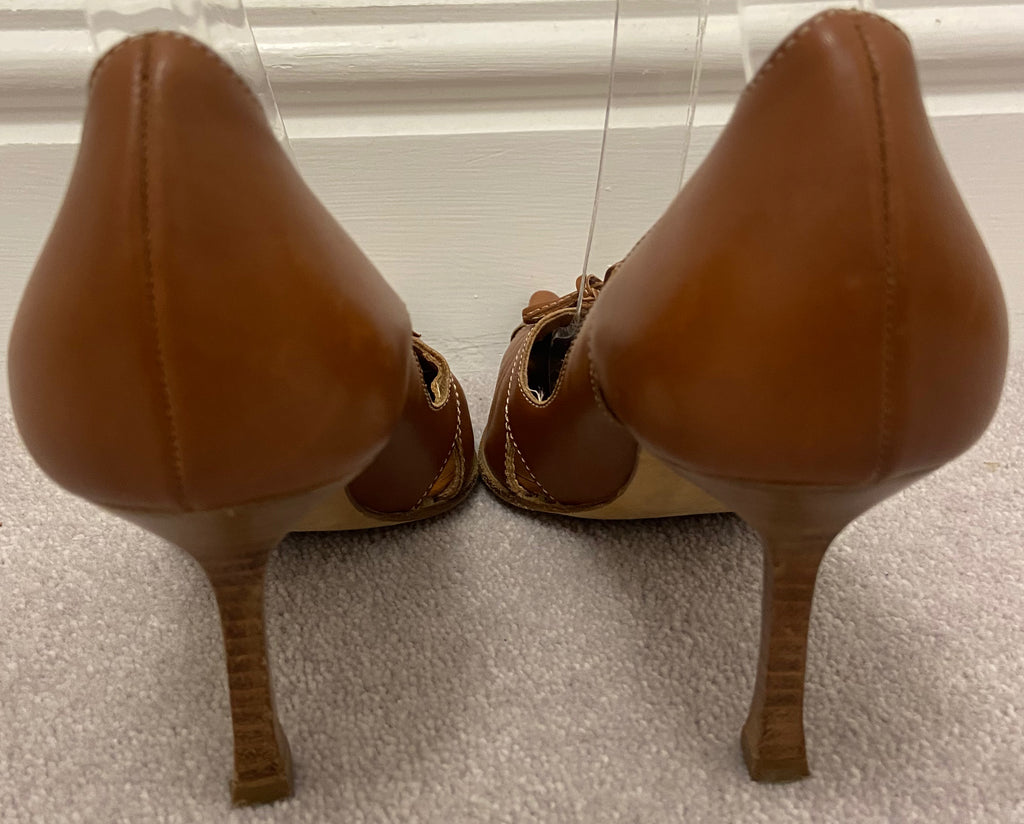 SERGIO ROSSI Tan Leather Pointed Toe High Wooden Stiletto Heel Shoes EU39 UK6