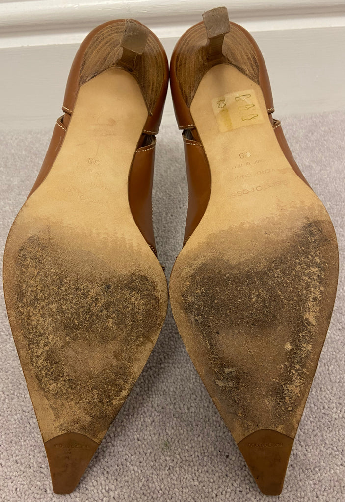 SERGIO ROSSI Tan Leather Pointed Toe High Wooden Stiletto Heel Shoes EU39 UK6