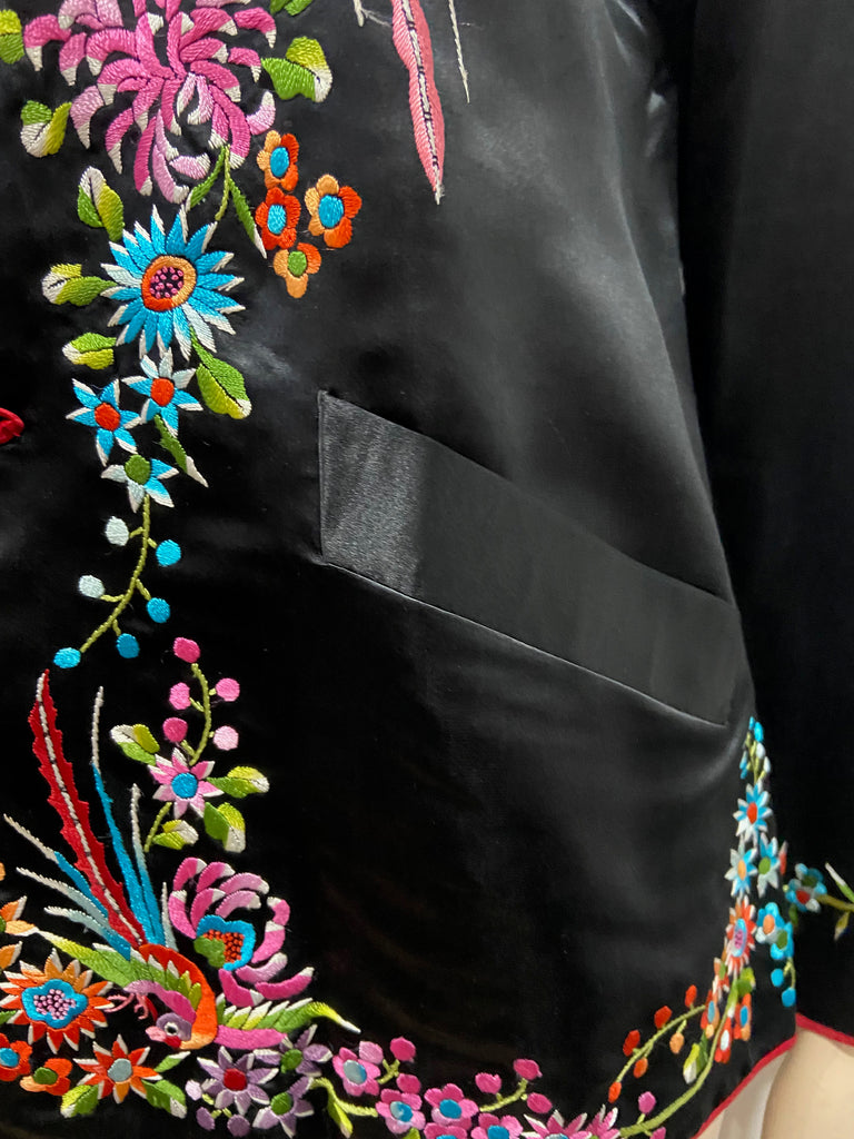 PLUM BLOSSOMS Black Multicolour Embroidered Chinese Kimono Blouse Jacket Top 36