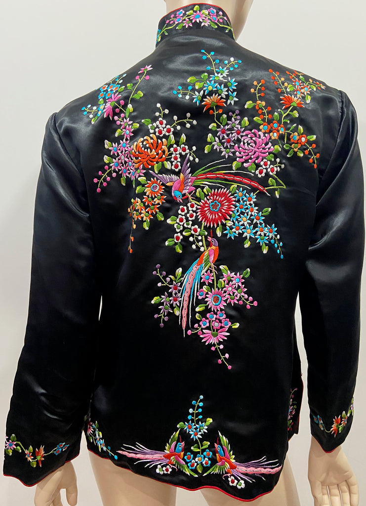 PLUM BLOSSOMS Black Multicolour Embroidered Chinese Kimono Blouse Jacket Top 36