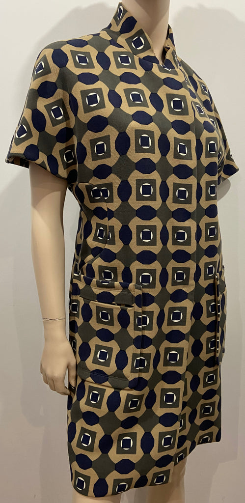 MARNI Beige Khaki & Cream Wool Geometric Print Short Sleeve Shirt Coat Dress 40