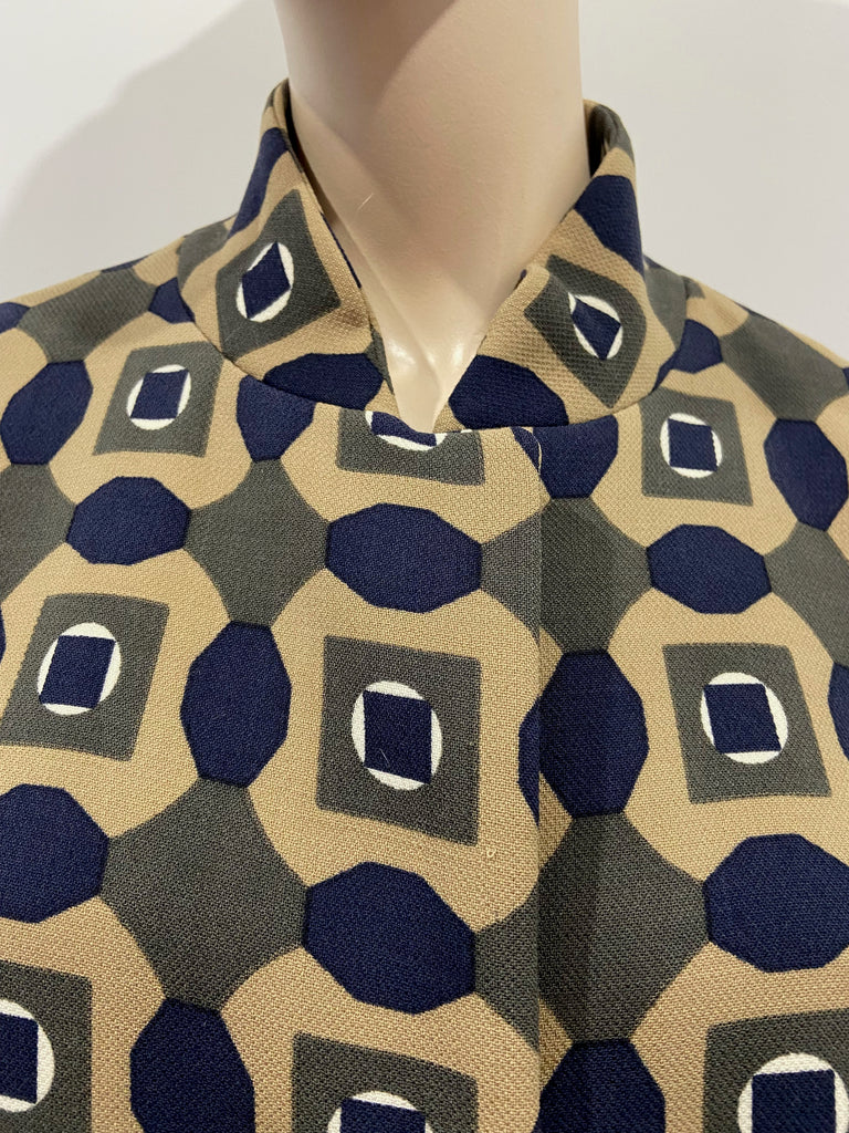 MARNI Beige Khaki & Cream Wool Geometric Print Short Sleeve Shirt Coat Dress 40