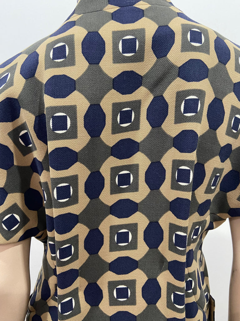 MARNI Beige Khaki & Cream Wool Geometric Print Short Sleeve Shirt Coat Dress 40