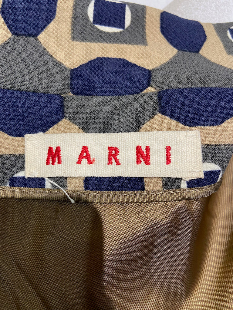 MARNI Beige Khaki & Cream Wool Geometric Print Short Sleeve Shirt Coat Dress 40