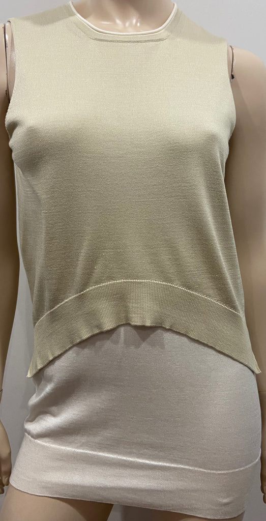 CELINE Cream Beige Silk & Cotton Knit Sleeveless Layered Camisole Tank Vest Top
