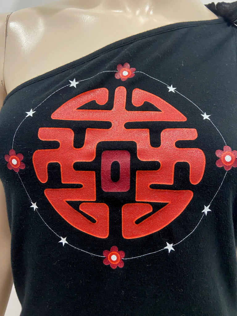 KEITA MARUYAMA Black Cotton Blend Red Printed One Shoulder Sleeveless Top S/M