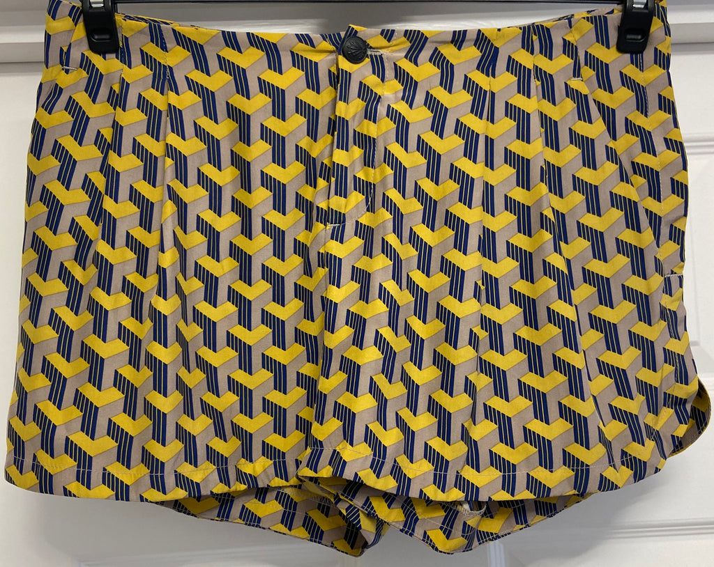 RAG & BONE Beige Yellow & Blue Silk Satin Geometric Print Hotpants Shorts 4 UK8