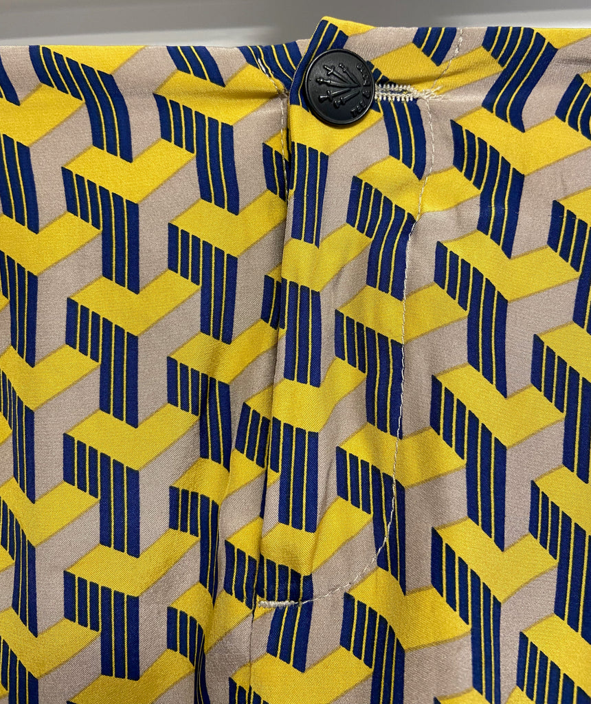 RAG & BONE Beige Yellow & Blue Silk Satin Geometric Print Hotpants Shorts 4 UK8
