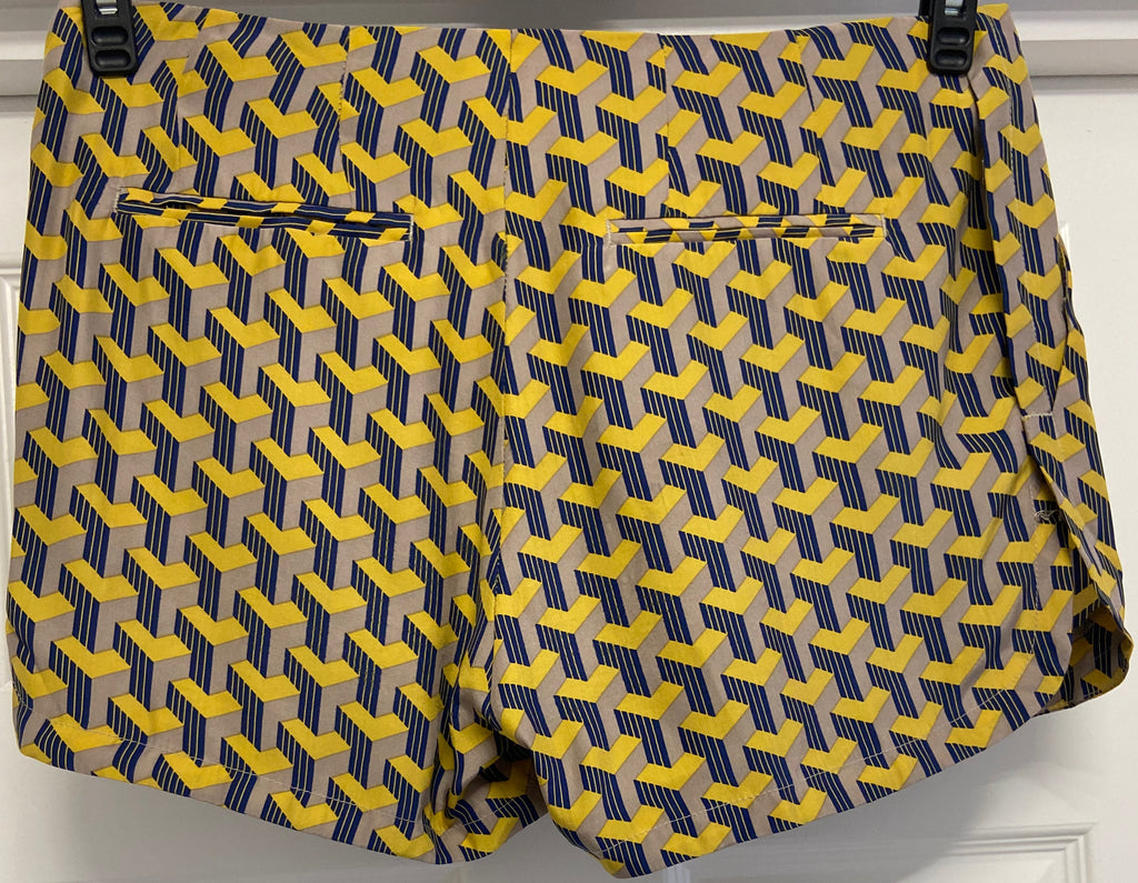 RAG & BONE Beige Yellow & Blue Silk Satin Geometric Print Hotpants Shorts 4 UK8