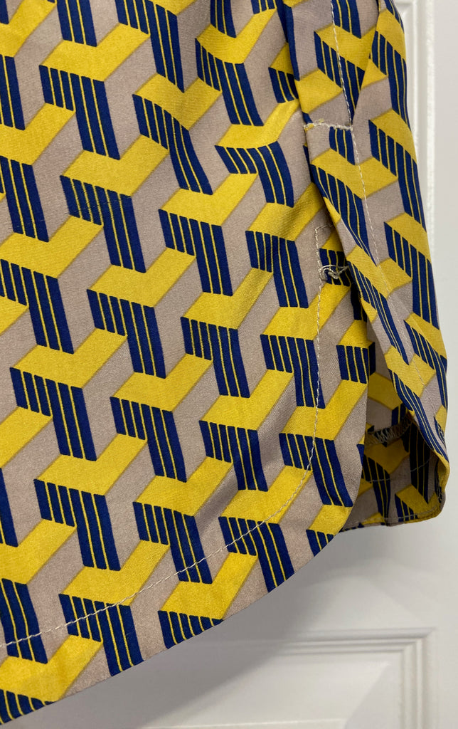 RAG & BONE Beige Yellow & Blue Silk Satin Geometric Print Hotpants Shorts 4 UK8