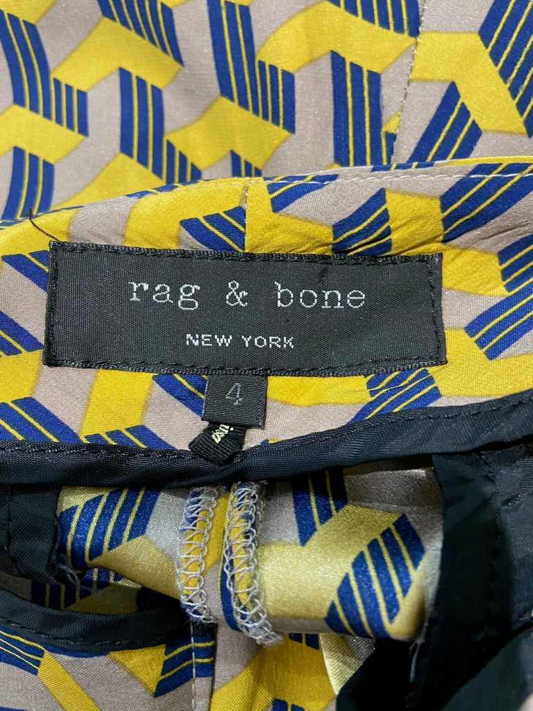 RAG & BONE Beige Yellow & Blue Silk Satin Geometric Print Hotpants Shorts 4 UK8