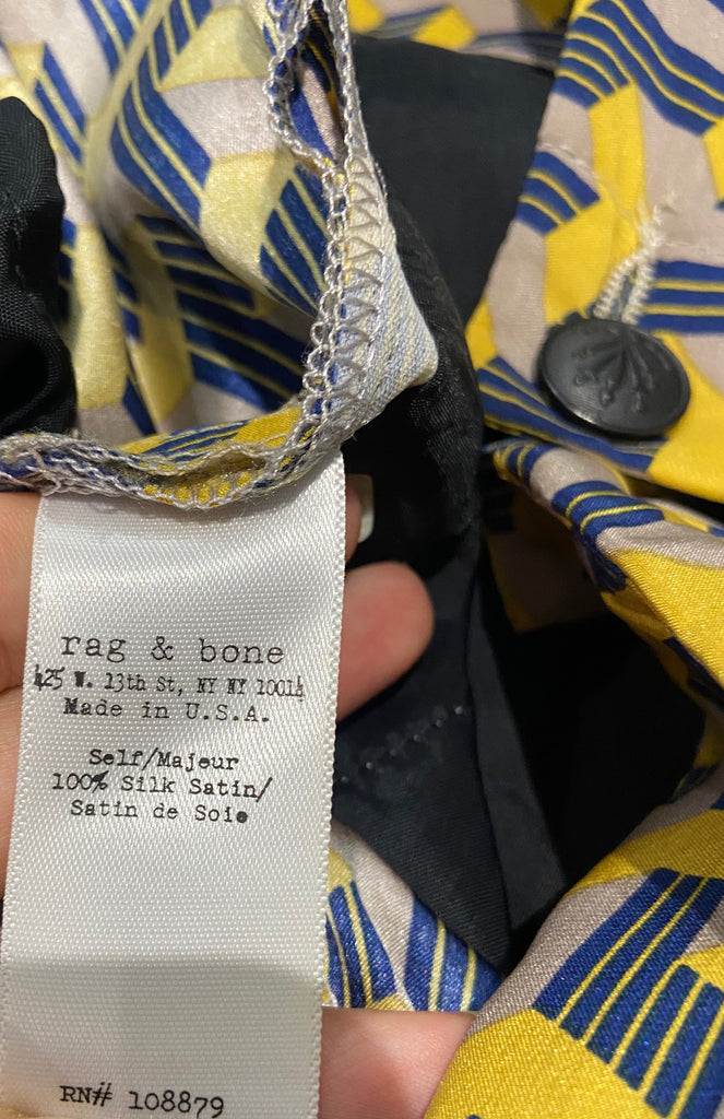 RAG & BONE Beige Yellow & Blue Silk Satin Geometric Print Hotpants Shorts 4 UK8