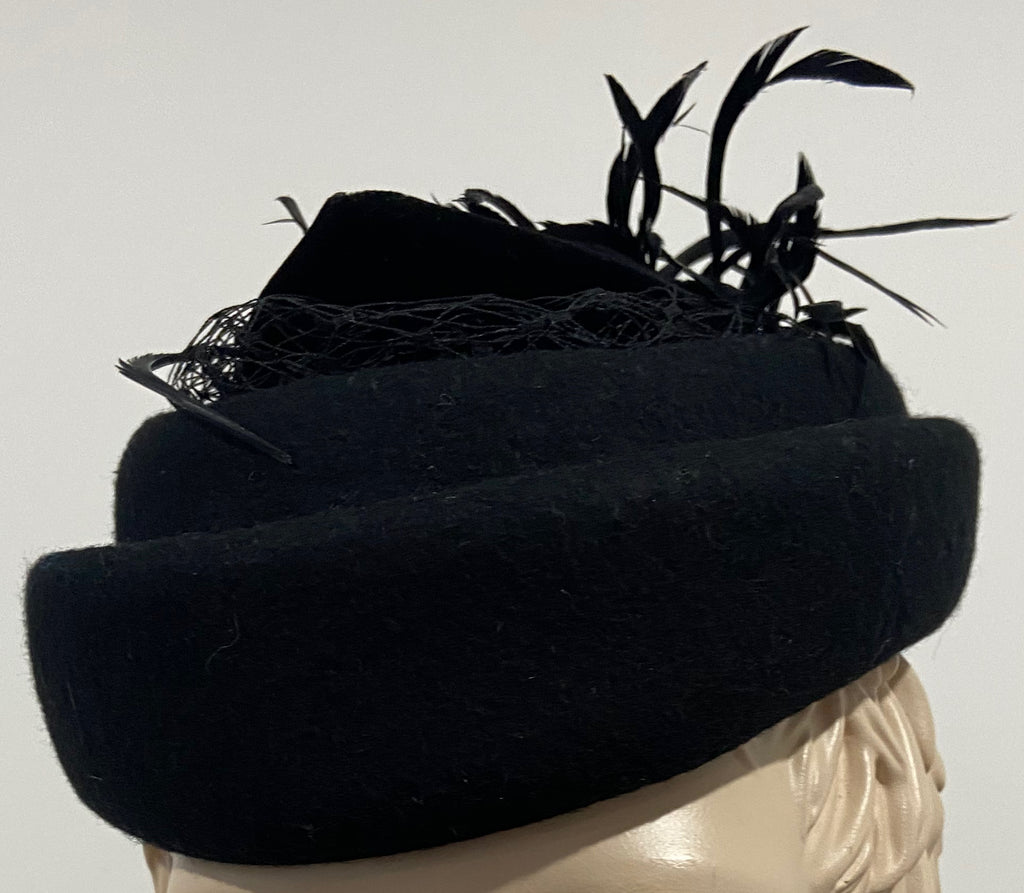 PHILIP SOMERVILLE Royal Milliner Black Velvet & Feather Plume Detail Lined Hat