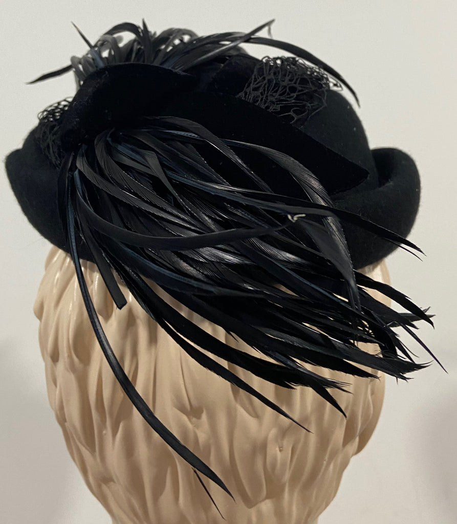 PHILIP SOMERVILLE Royal Milliner Black Velvet & Feather Plume Detail Lined Hat