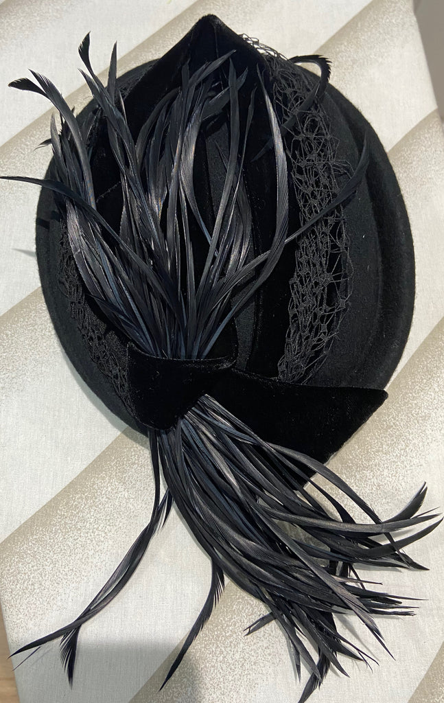 PHILIP SOMERVILLE Royal Milliner Black Velvet & Feather Plume Detail Lined Hat