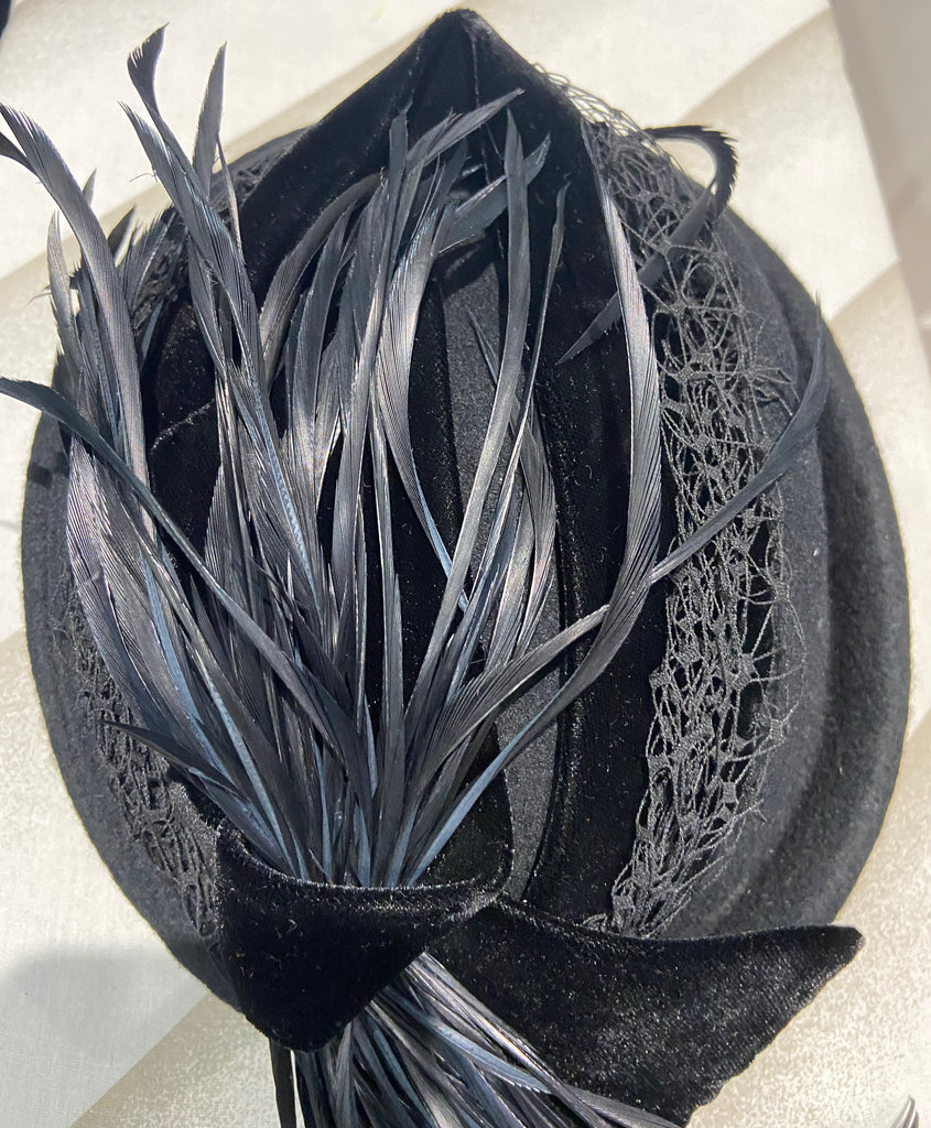 PHILIP SOMERVILLE Royal Milliner Black Velvet & Feather Plume Detail Lined Hat
