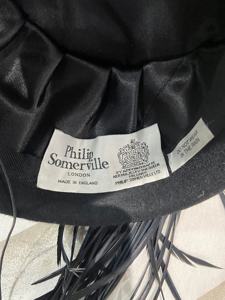 PHILIP SOMERVILLE Royal Milliner Black Velvet & Feather Plume Detail Lined Hat