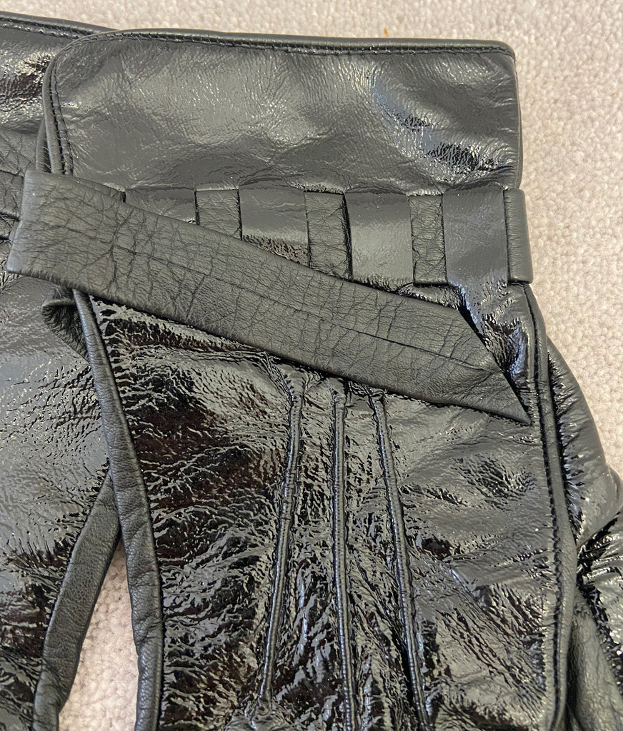 CHRISTINE BEC Women's Black Shined Real Leather Silk Lined Gloves Size 7.5