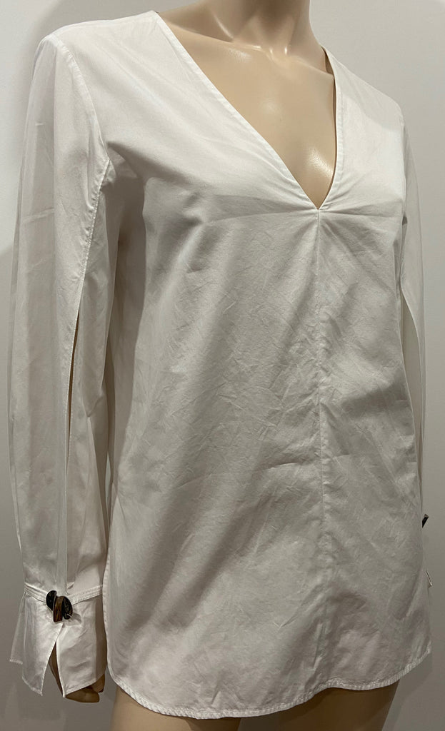 3.1 PHILLIP LIM White 100% Cotton V Neck Tie Rear Long Sleeve Blouse Shirt Top