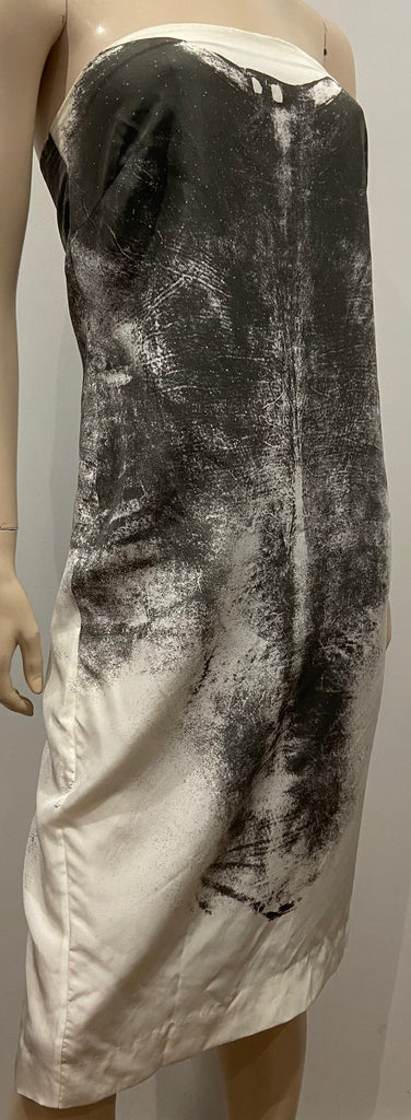 HELMUT LANG Cream & Charcoal Grey Abstract Print Strapless Sleeveless Dress UK12