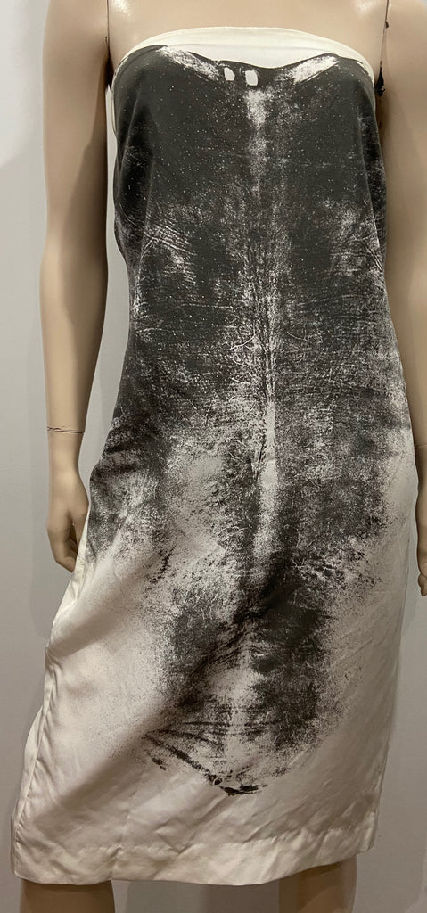 HELMUT LANG Cream & Charcoal Grey Abstract Print Strapless Sleeveless Dress UK12