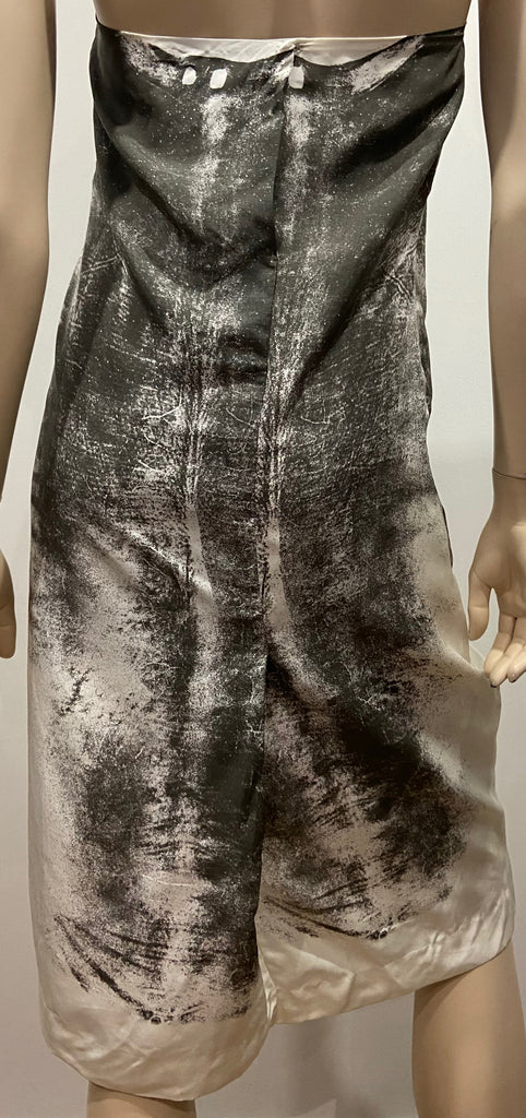 HELMUT LANG Cream & Charcoal Grey Abstract Print Strapless Sleeveless Dress UK12