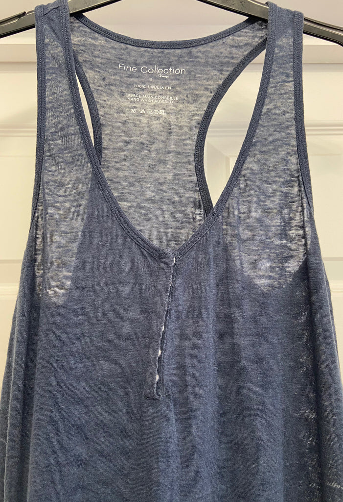 FINE COLLECTION Navy Blue 100% Linen Round Neck Sleeveless Romper Playsuit S