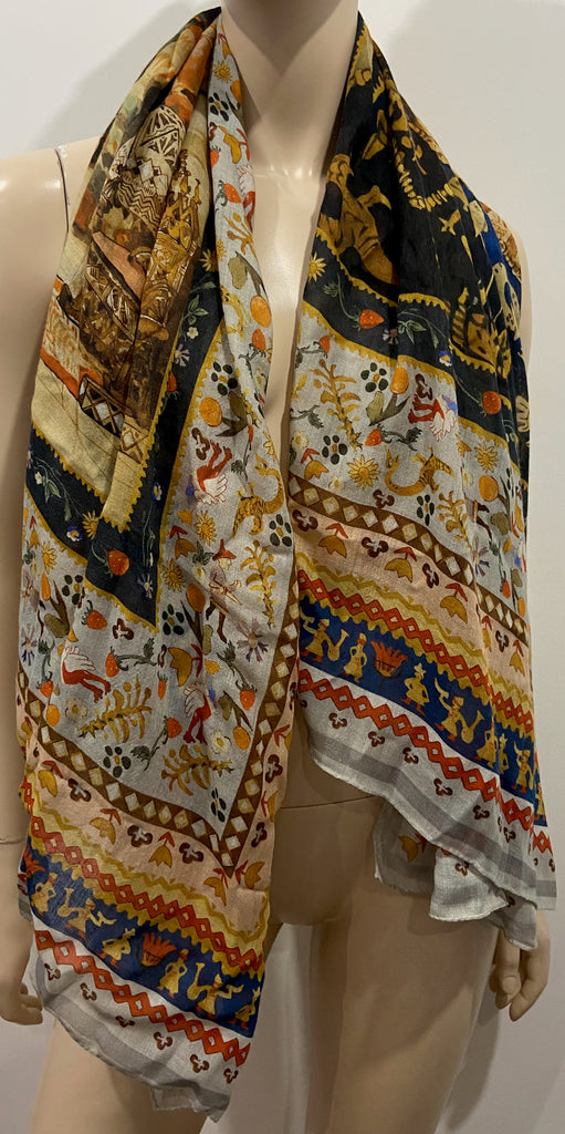 RADICAL CHIC Multi Colour Wool & Silk Abstract Medieval Print Large Scarf Shawl