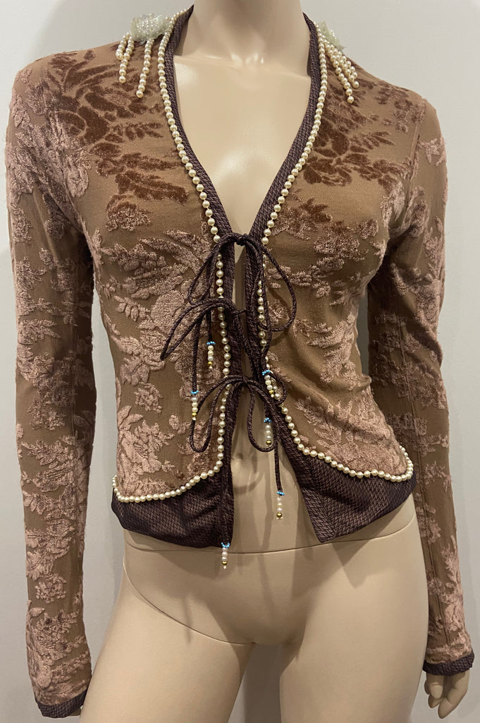 VOYAGE INVEST IN THE ORIGINAL Vintage Brown Floral Velvet Pearl Detail Cardigan
