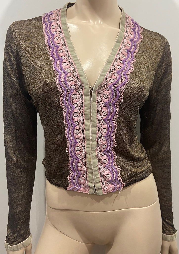 VOYAGE INVEST IN THE ORIGINAL Vintage Brown Black Velvet Lace Detail Cardigan M