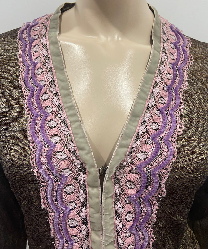 VOYAGE INVEST IN THE ORIGINAL Vintage Brown Black Velvet Lace Detail Cardigan M