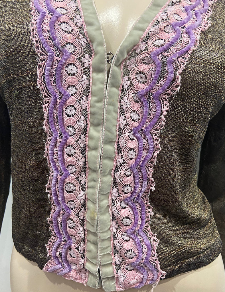 VOYAGE INVEST IN THE ORIGINAL Vintage Brown Black Velvet Lace Detail Cardigan M