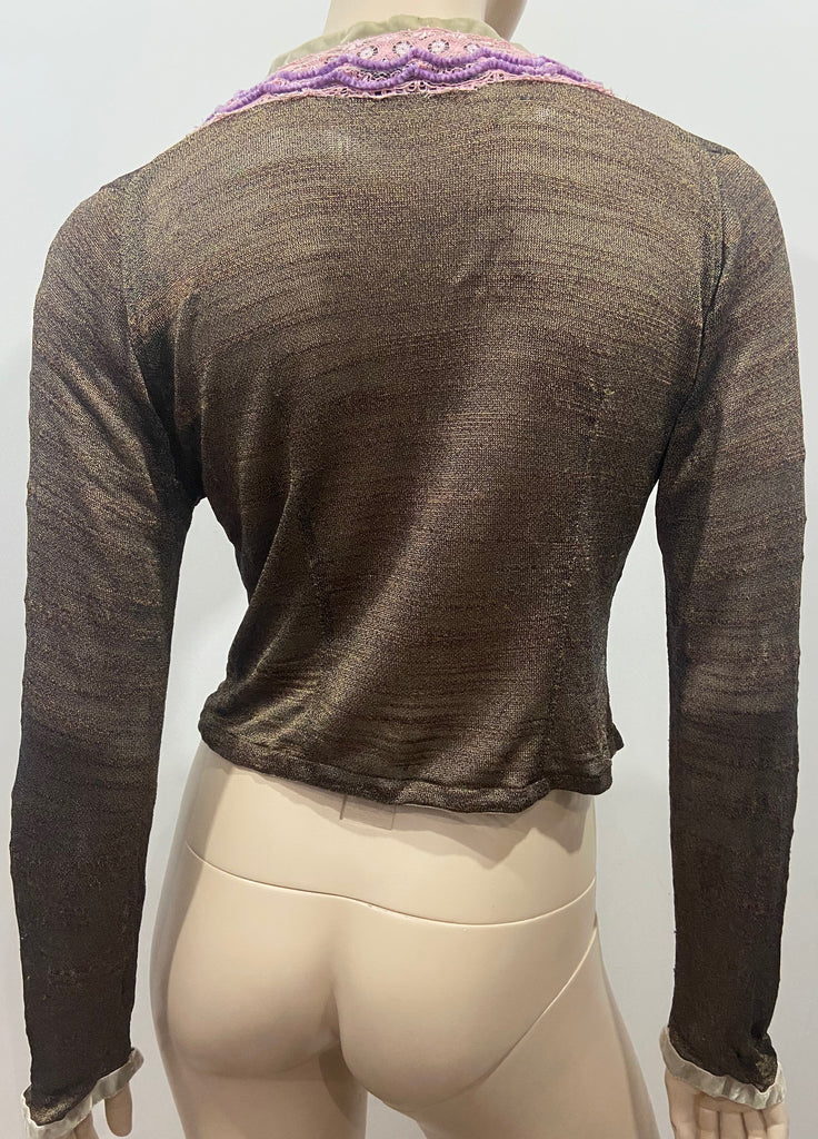 VOYAGE INVEST IN THE ORIGINAL Vintage Brown Black Velvet Lace Detail Cardigan M