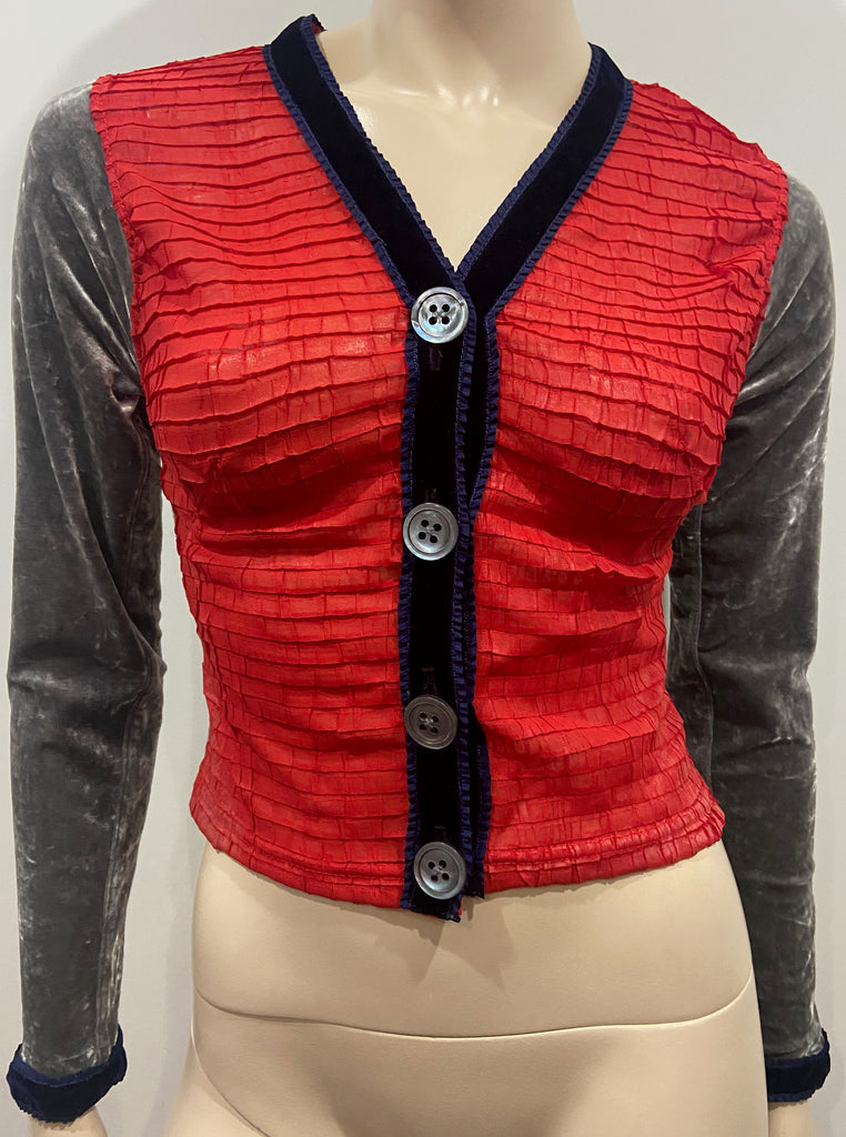 VOYAGE INVEST IN THE ORIGINAL Vintage Red Grey Velvet Sheer Detail Cardigan M