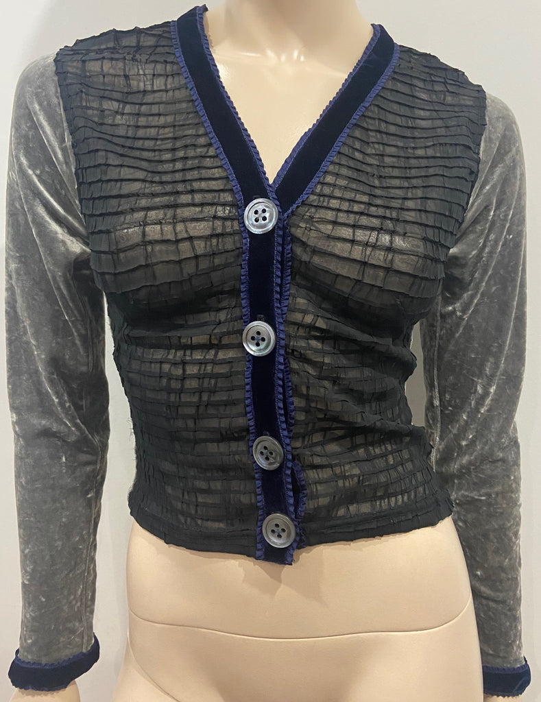 VOYAGE INVEST IN THE ORIGINAL Vintage Grey Black Velvet Sheer Detail Cardigan M