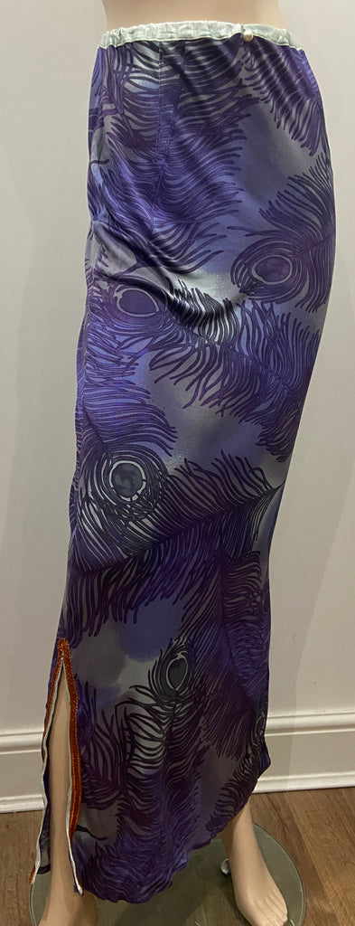 VOYAGE INVEST IN THE ORIGINAL Purple Silk Peacock Feather Print Long Maxi Skirt