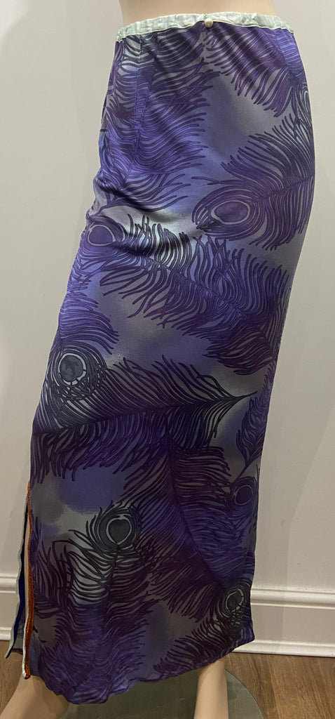 VOYAGE INVEST IN THE ORIGINAL Purple Silk Peacock Feather Print Long Maxi Skirt